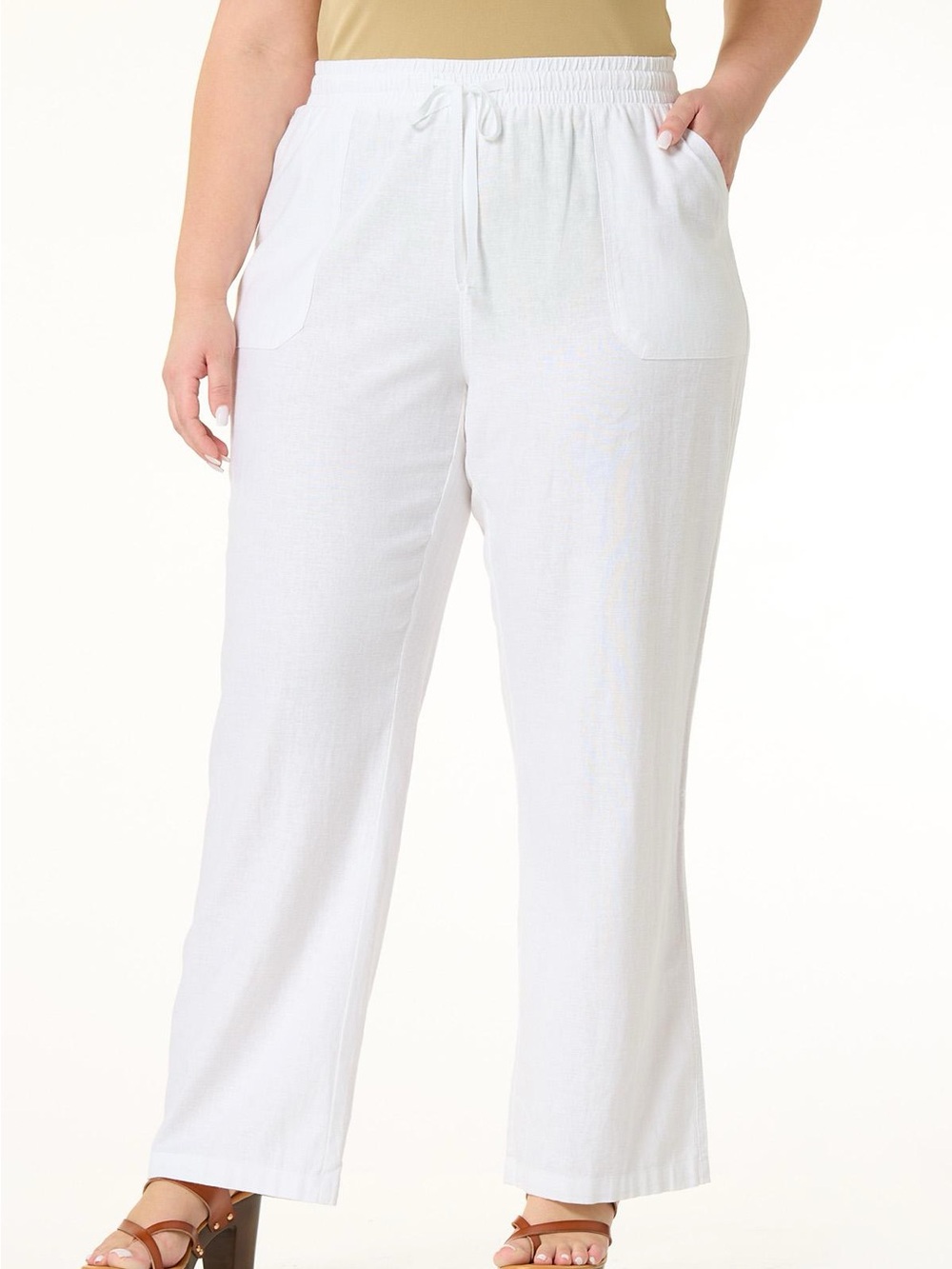 CATO | PLUS SIZE SOLID LINEN BEACH PANTS BRIGHT WHITE